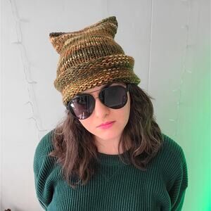 Handmade Multicolor Forest Knit Cat Beanie Hat